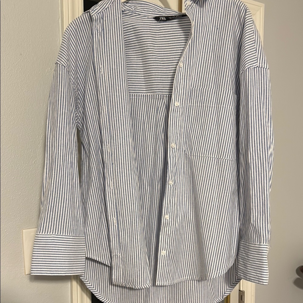 Zara Blue and White Casual Button Down Shirt